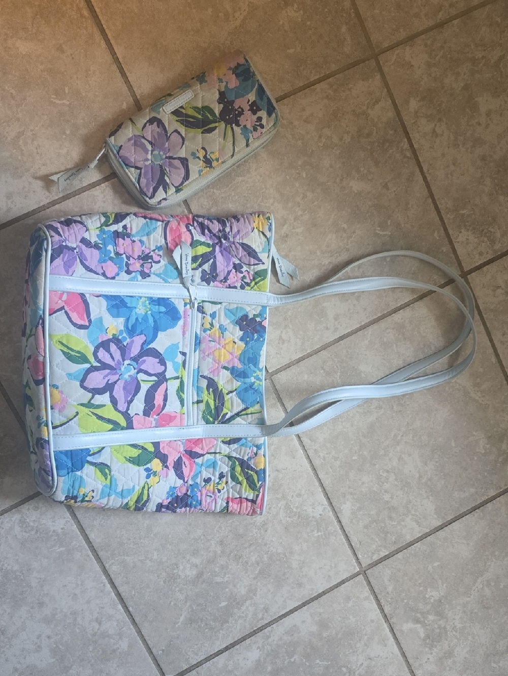 Vera Bradley Pastel Floral Quilted Tote with Matching Wallet- White Multi